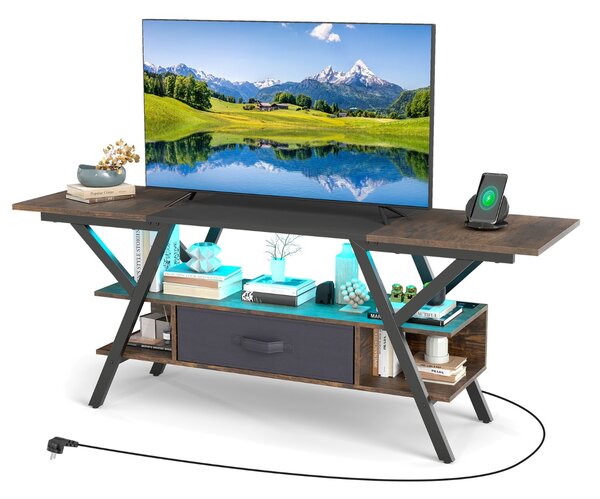 Costway Mobile porta TV centro di intrattenimento a 3 livelli con luci LED e prese di corrente, Mobile porta TV per televisori da 65" Marrone
