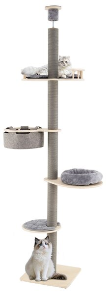 Costway Albero per gatti da pavimento a soffitto con altezza regolabile 236-271 cm amaca, Torre in legno a 5 livelli con ripiano Grigio