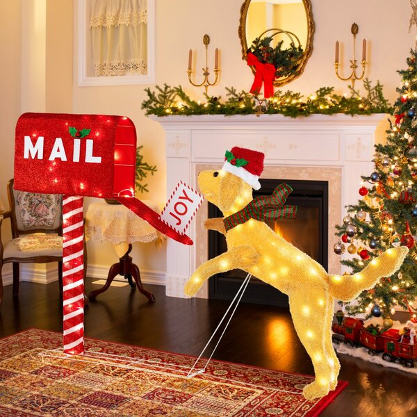 Costway Cassetta postale natalizia e cane con 120 luci LED bianco caldo, Decorazione festiva pre-illuminata con fascette