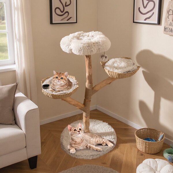Costway Torre per gattini alta 122 CM con ramo in legno con piattaforma a fiore 2 cesti in rattan, Moderno albero per gatti Bianco