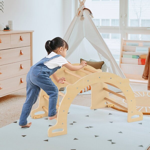 Costway Tavolo sensoriale ad arco da arrampicata 8 in 1 per bambini 3+ anni, Palestra montessori con contenitore pieghevole Naturale
