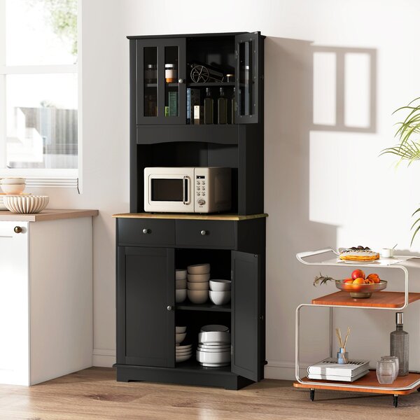 Costway Mobile dispensa da cucina autoportante con piano in legno regolabile, Credenza e 2 cassetti con ante in vetro Nero