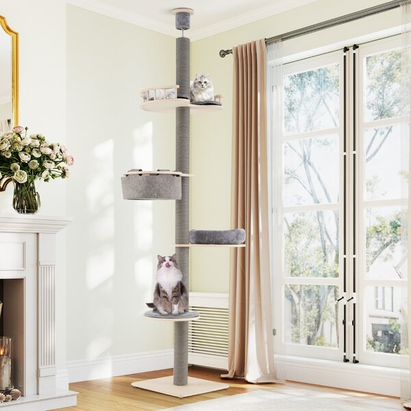 Costway Albero per gatti da pavimento a soffitto con altezza regolabile 236-271 cm amaca, Torre in legno a 5 livelli con ripiano Grigio