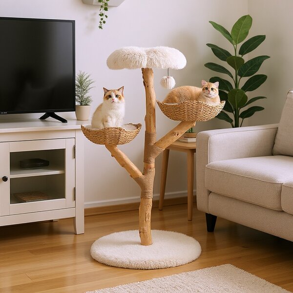 Costway Torre per gattini alta 122 CM con ramo in legno con piattaforma a fiore 2 cesti in rattan, Moderno albero per gatti Bianco