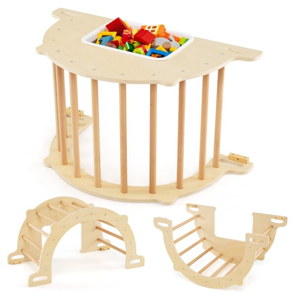 Costway Tavolo sensoriale ad arco da arrampicata 8 in 1 per bambini 3+ anni, Palestra montessori con contenitore pieghevole Naturale
