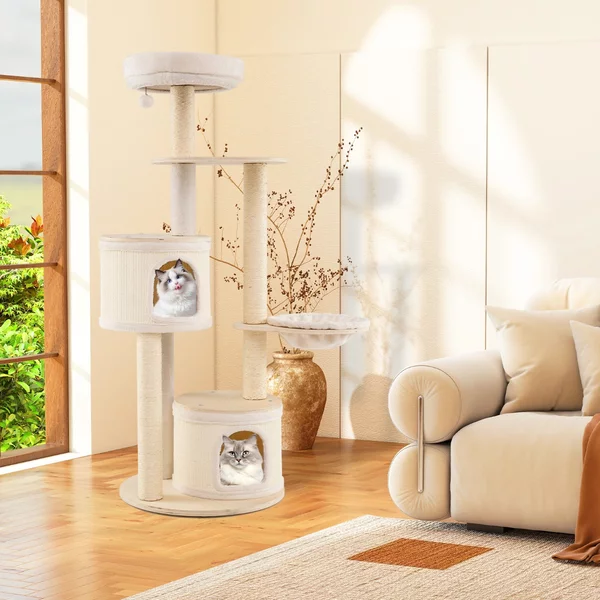 Costway Albero per gatti per animali domestici da interni cuscino lavabile, Albero per gatti con tiragraffi in sisal e tappetino Naturale