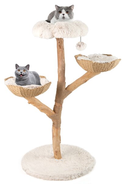 Costway Torre per gattini alta 122 CM con ramo in legno con piattaforma a fiore 2 cesti in rattan, Moderno albero per gatti Bianco