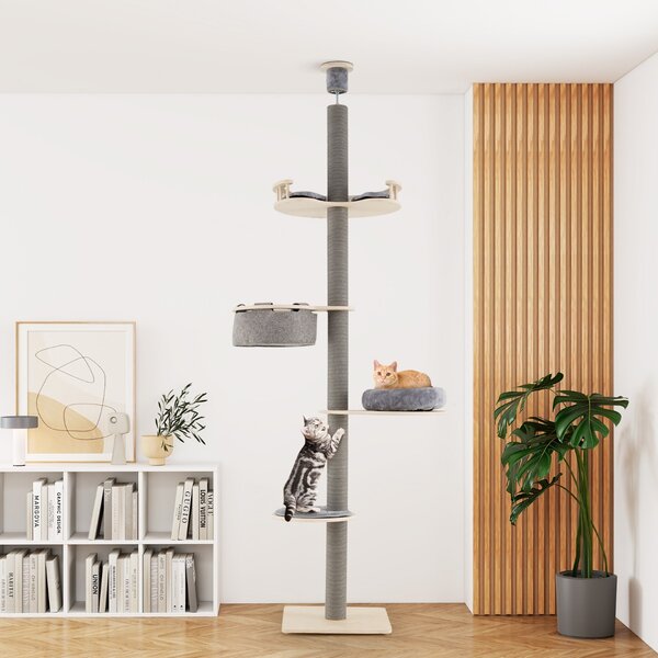 Costway Albero per gatti da pavimento a soffitto con altezza regolabile 236-271 cm amaca, Torre in legno a 5 livelli con ripiano Grigio