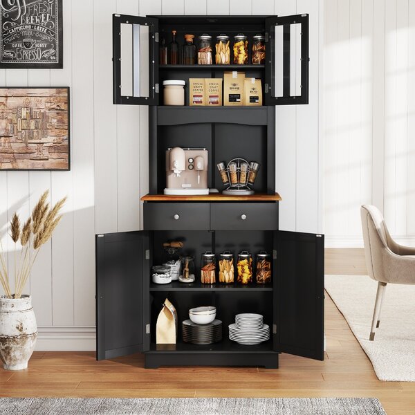 Costway Mobile dispensa da cucina autoportante con piano in legno regolabile, Credenza e 2 cassetti con ante in vetro Nero