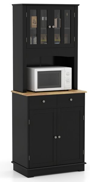 Costway Mobile dispensa da cucina autoportante con piano in legno regolabile, Credenza e 2 cassetti con ante in vetro Nero