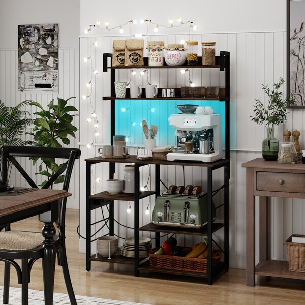 Costway Supporto per forno a microonde a 5 ripiani con luci LED per sala da pranzo, Scaffale da cucina con presa di corrente Marrone