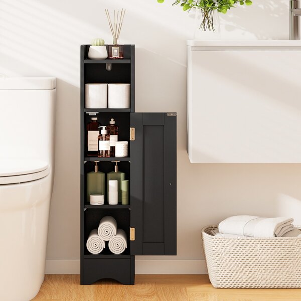 Costway Armadietto da terra angolare con porta e ripiani regolabili, Porta carta igienica stretto per soggiorno e bagno Nero