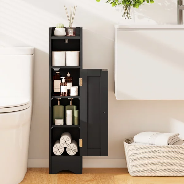 Costway Armadietto da terra angolare con porta e ripiani regolabili, Porta carta igienica stretto per soggiorno e bagno Nero