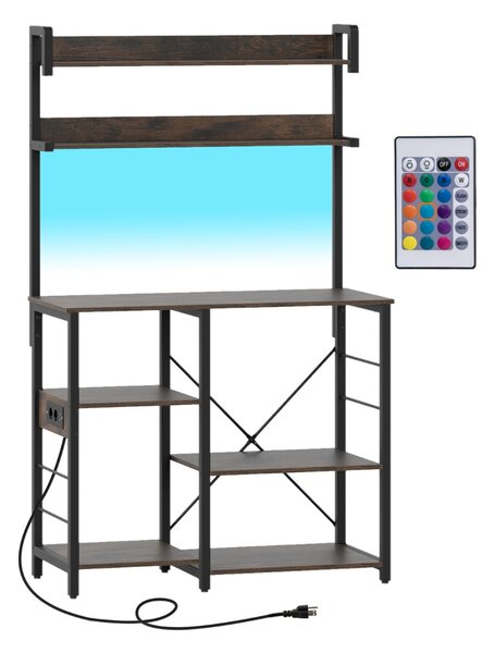 Costway Supporto per forno a microonde a 5 ripiani con luci LED per sala da pranzo, Scaffale da cucina con presa di corrente Marrone