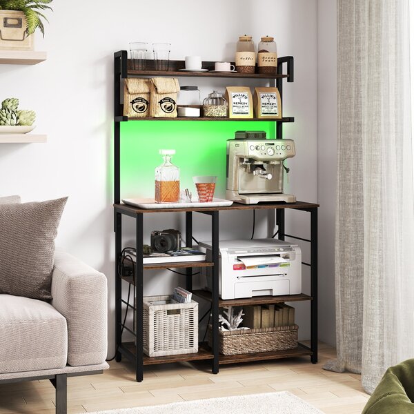 Costway Supporto per forno a microonde a 5 ripiani con luci LED per sala da pranzo, Scaffale da cucina con presa di corrente Marrone