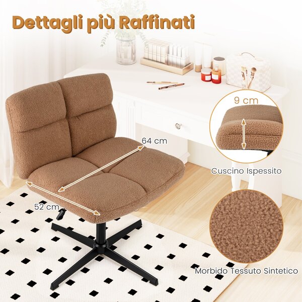 Costway Sedia da ufficio a gambe incrociate con altezza regolabile rotazione a 360°, Sedia da ufficio senza braccioli da lavoro per studio Marrone