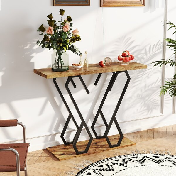 Costway Tavolo consolle effetto marmo con piedini regolabili struttura in metallo, Tavolo d'ingresso 100x30x79cm Marrone