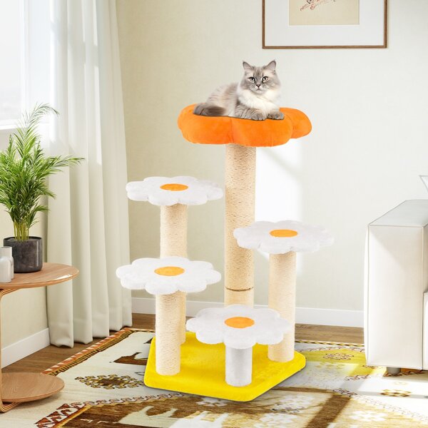 Costway Torre per gatti con comodo trespolo in morbido peluche in sisal per saltare, Albero per gatti da interno a forma di fiore Giallo