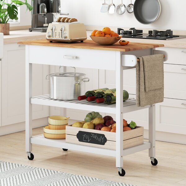 Costway Carrello di servizio a 3 livelli con piano in legno e 2 ripiani aperti, Isola da cucina con spazio di archiviazione Bianco
