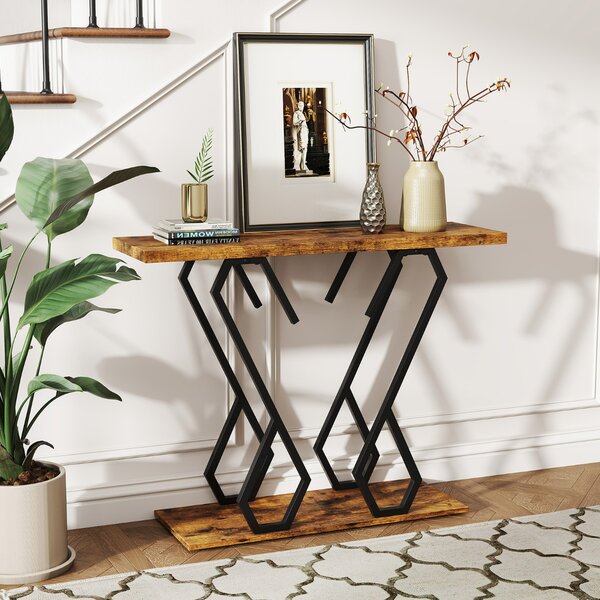 Costway Tavolo consolle effetto marmo con piedini regolabili struttura in metallo, Tavolo d'ingresso 100x30x79cm Marrone