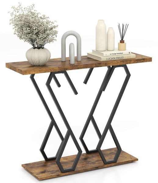 Costway Tavolo consolle effetto marmo con piedini regolabili struttura in metallo, Tavolo d'ingresso 100x30x79cm Marrone