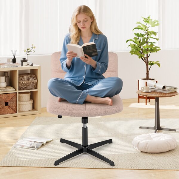 Costway Sedia da ufficio a gambe incrociate con altezza regolabile rotazione a 360°, Sedia da ufficio senza braccioli da lavoro per studio Rosa