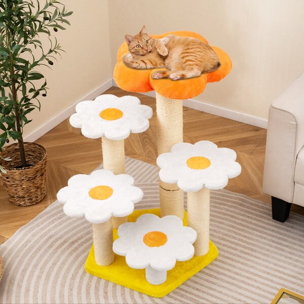 Costway Torre per gatti con comodo trespolo in morbido peluche in sisal per saltare, Albero per gatti da interno a forma di fiore Giallo