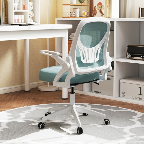 Costway Sedia da scrivania ergonomica in rete con supporto lombare e braccioli ribaltabili, Sedia da lavoro girevole Blu