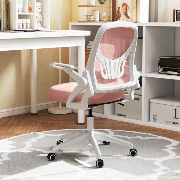 Costway Sedia da scrivania ergonomica in rete con supporto lombare e braccioli ribaltabili, Sedia da lavoro girevole Rosa