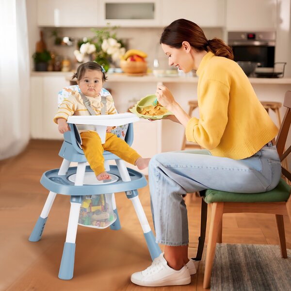 Costway Set tavolo e sedia multifunzionale con vassoio rimovibile e cintura, Seggiolone convertibile per bambini 16-in-1 Blu