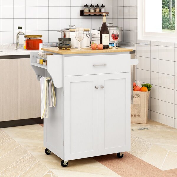 Costway Carrello da cucina con cassetto e armadio con ripiano regolabile per sala, Isola da cucina su ruote da pranzo Bianco