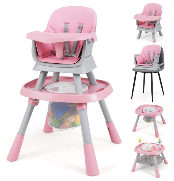 Costway Set tavolo e sedia multifunzionale con vassoio rimovibile e cintura, Seggiolone convertibile per bambini 16-in-1 Rosa