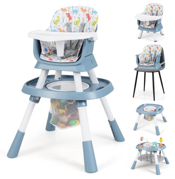 Costway Set tavolo e sedia multifunzionale con vassoio rimovibile e cintura, Seggiolone convertibile per bambini 16-in-1 Blu