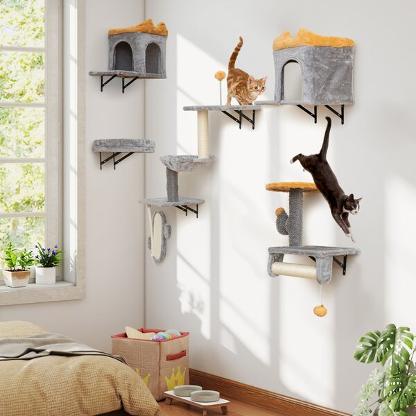 Costway Set torre per gatti da parete con piattaforme e 2 comode cuccie, Set albero per gatti salvaspazio Grigio