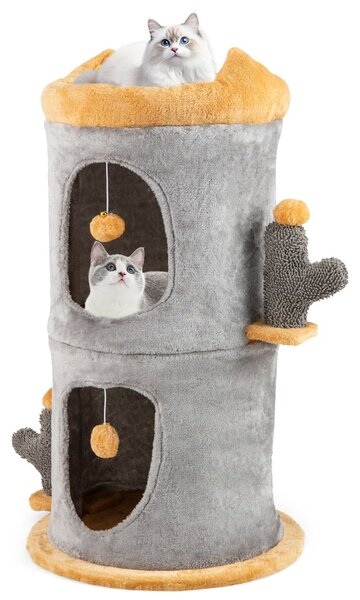 Costway Grazioso albero per gatti con 2 comode casette e piattaforma imbottita in peluche, Casa per gatti a 2 piani
