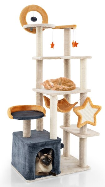 Costway Torre per gatti multi-livello con pali e tavole da graffio in sisal, Albero per gatti da interno da 160 cm