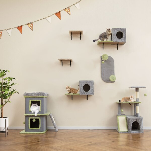 Costway Centro attività per gatti con condominio e set di mobili per gatti a muro, 3 in 1 Set di mobili per gatti Grigio