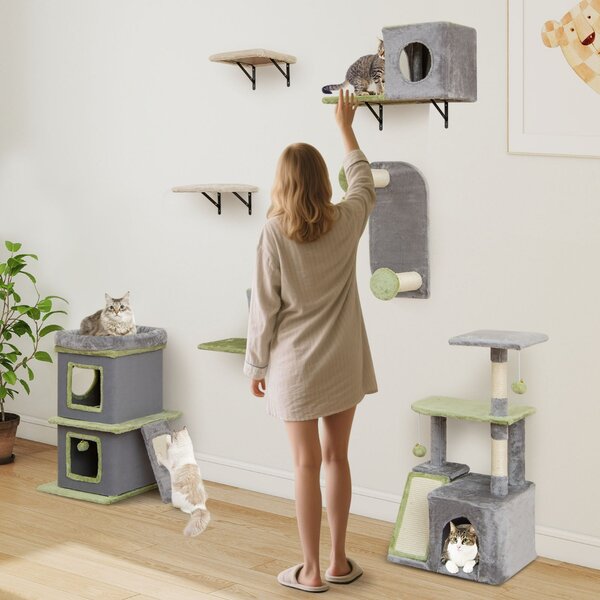 Costway Centro attività per gatti con condominio e set di mobili per gatti a muro, 3 in 1 Set di mobili per gatti Grigio