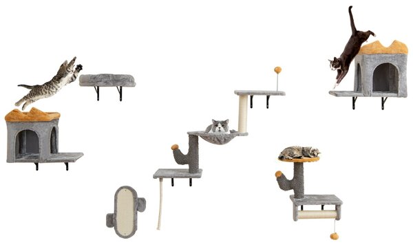 Costway Set torre per gatti da parete con piattaforme e 2 comode cuccie, Set albero per gatti salvaspazio Grigio