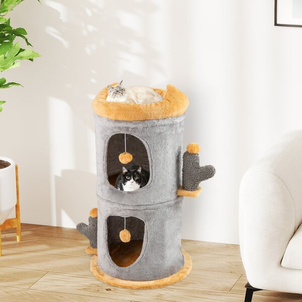 Costway Grazioso albero per gatti con 2 comode casette e piattaforma imbottita in peluche, Casa per gatti a 2 piani