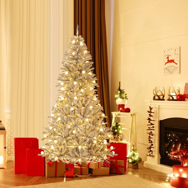 Costway Albero pre-illuminato con 65 sfere luminose 350 luci LED bianche calde, 210 cm albero di natale artificiale innevato Argento