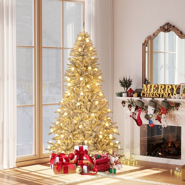 Costway Albero pre-illuminato con 65 sfere luminose 350 luci LED bianche calde, 210 cm albero di natale artificiale innevato Argento