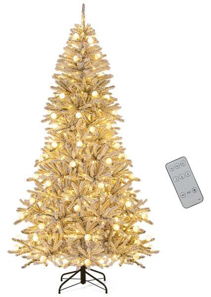 Costway Albero pre-illuminato con 65 sfere luminose 350 luci LED bianche calde, 210 cm albero di natale artificiale innevato Argento