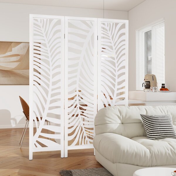 Costway Divisorio per ambienti autoportante alto 170 cm con cornice in legno naturale, Paravento a 3 pannelli per casa Bianco