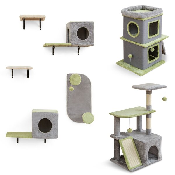 Costway Centro attività per gatti con condominio e set di mobili per gatti a muro, 3 in 1 Set di mobili per gatti Grigio
