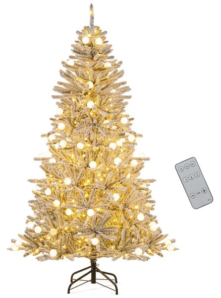 Costway Albero pre-illuminato con 51 sfere luminose 250 luci LED bianche calde, 180 cm albero di natale artificiale innevato Argento