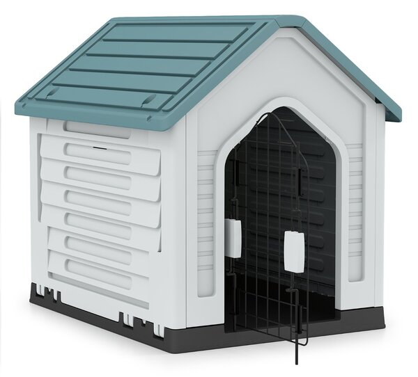 Costway Rifugio per animali domestici da interno ed esterno con porta, Casa per cani in plastica in metallo bloccabile Blu scuro