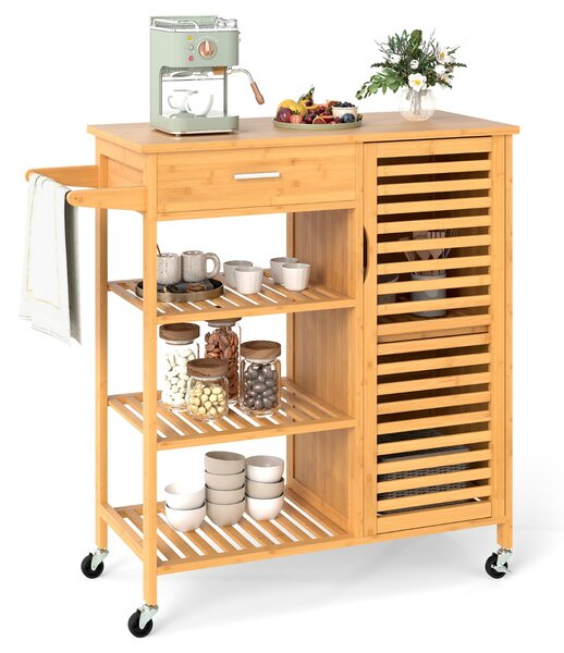 Costway Carrello isola cucina in bambù con cassetto e 3 ripiani aperti, Tavolo cucina mobile per sala da pranzo Naturale