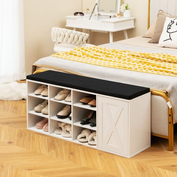 Costway Panchina con ripiano per scarpe con cuscino imbottito e 9 cubi, Scarpiera a 3 livelli con ripiani regolabili Bianco