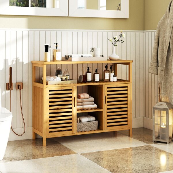 Costway Armadietto da bagno in bambù a 2 ante con scaffali, Arredamento domestico a doghe per soggiorno e cucina Naturale